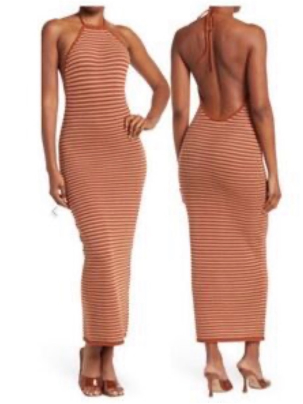 Ronny Kobo Collection Striped Halter Backless Maxi Dress - Rust & White